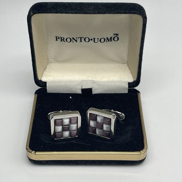 Pronto Uomo Silver Tone Square Cuff Links Purple White Checkered Design - Picture 1 of 2